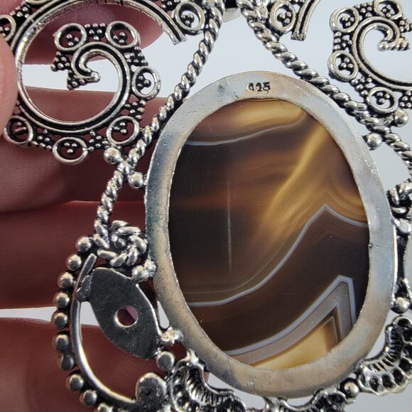 Sterling Silver Pendant with Striped Banded Agate and Faceted Garnet Stones - Picture 4 of 10